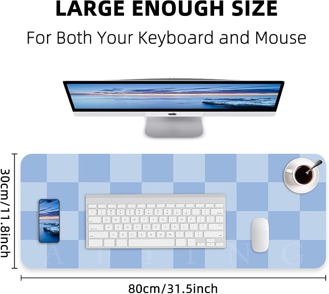 AFIING Light Blue Desk Mat 31.5" x 12", Waterproof PU Leather Desk Pad | Non-Slip Rubber Base, Easy Clean Surface, Desk Protection, Office & Home