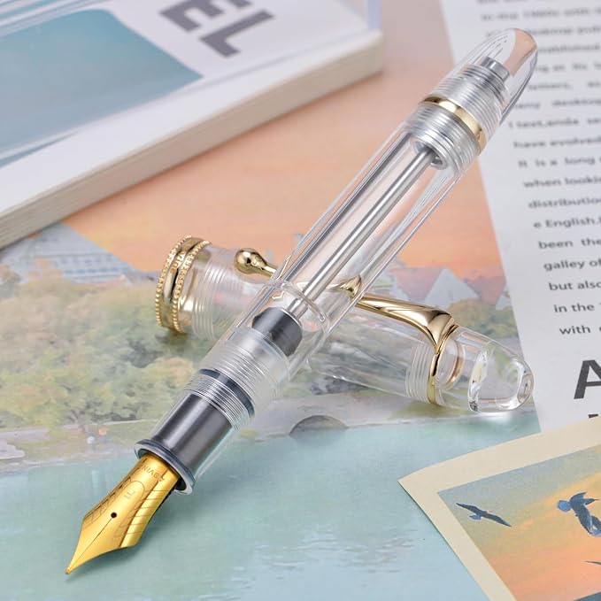 Asvine V800 Fountain Pen - Vacuum Filling System with Large Ink Capacity - Smooth Number 8 Medium Nib with Gift Case and Wrench - Clear Gold Acrylic