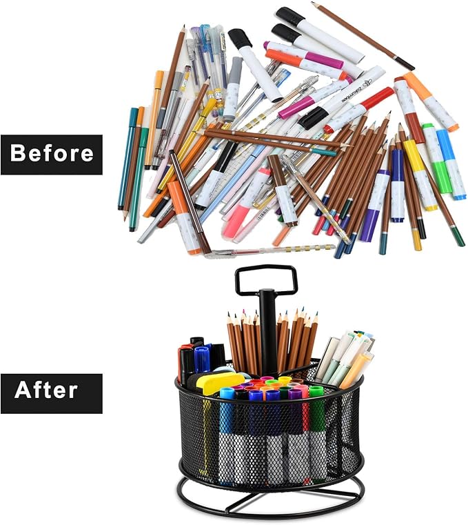 Marbrasse Mesh Desk Organizer, 360-Degree Rotating Multi-Functional Pen Holder, 4 Compartments Desktop Stationary Organizer, Home Office Art Supply Storage Box Caddy (Black)