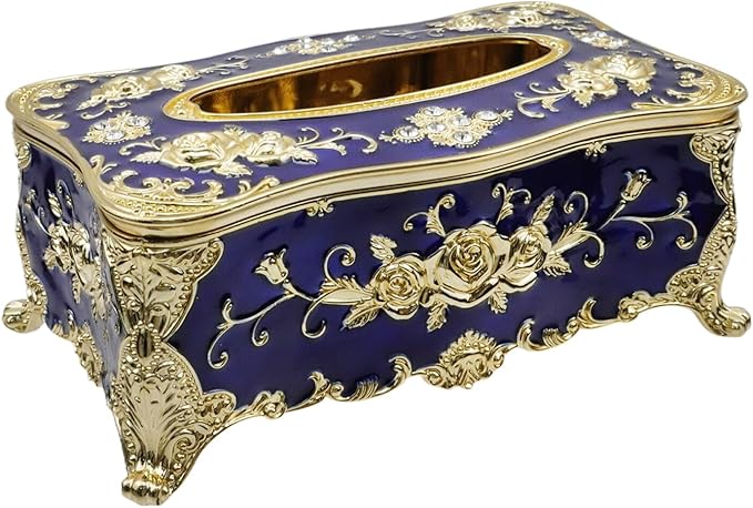 Luxurious Rose Tissue Box with Imitation Diamonds,Gold Blue | Embossed Flowers，9.45"x5.43"x3.94"，Elegant Tissue Paper Holders，for Home Toilet Bath Hotel