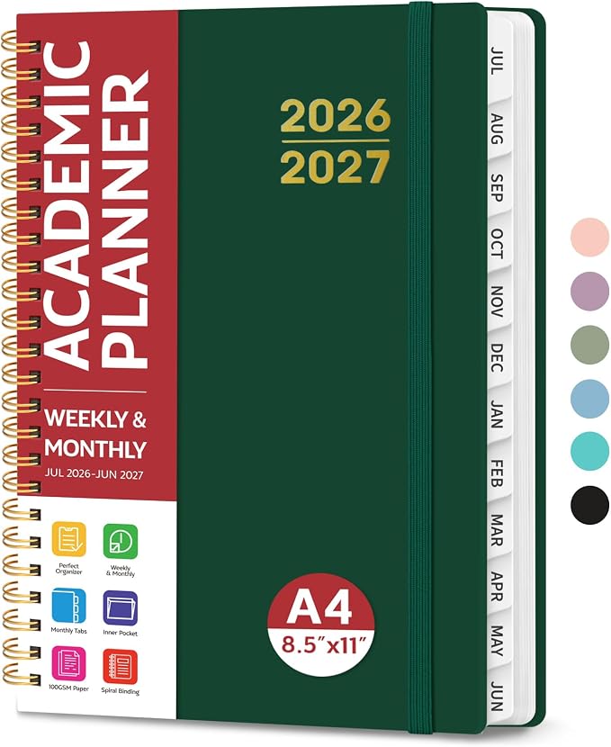 Planner 2026-2027 for Women & Men, Academic Monthly and Weekly Calendar Planner, Jul 2026 - Jun 2027, A4 (8.5" x 11"), Teacher Student Planning Book with Tabs, Ideal for Office School Supplies - Dark Green
