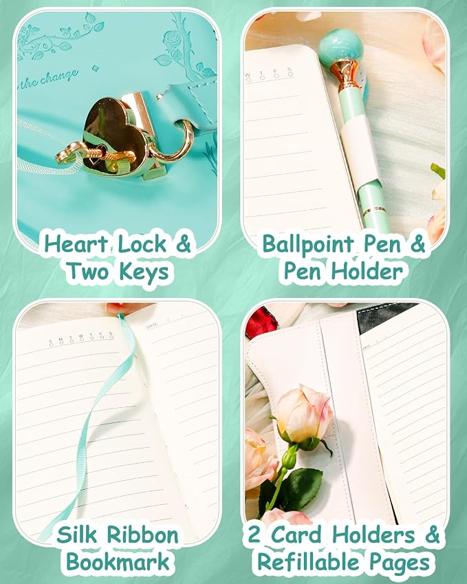 Hoci Poci Diary with Lock and Keys for Girls Gift Ideas, 360 Pages Journal | Elegant Gift Box for Teen Girls, B6 Gold Edged Pages Refillable Notebook with Pen and Bookmark for Writing, Garden Turquoise