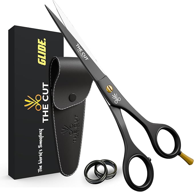 The Cut Factory® 6.5” Matte Black Luxury Hair Scissors – Ultra-Sharp High Carbon Steel Barber Shears for Men, Women & Kids – Gift-Boxed with Leather Pouch For Salon & Home(1x Scissors only)