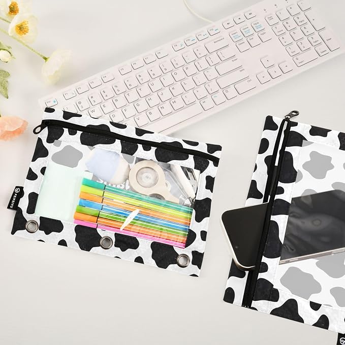 ALAZA Custom Personalized Your Name Pencil Pouch for 3 Ring Binder, Black and White Cow Print Binder Pencil Pouches with Clear Window Zipper Pencil Case Cosmetic Bags for Office College Supplies, 2PCS