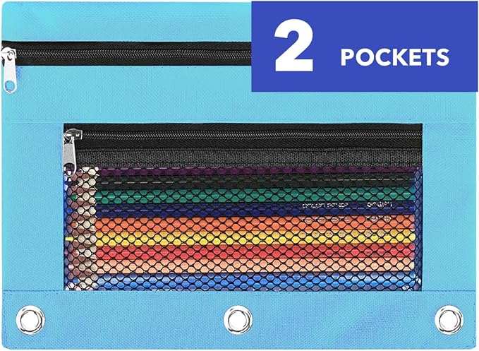 Pencil Pouch for 3 Ring Binder - 3 Hole Zipper Pen Case Bag Holder Bulk Accessories Clear Window Aesthetic Organizer Pockets
