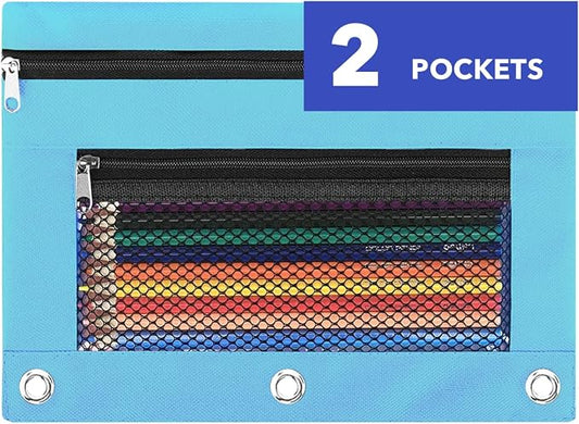 Pencil Pouch for 3 Ring Binder - 3 Hole Zipper Pen Case Bag Holder Bulk Accessories Clear Window Aesthetic Organizer Pockets