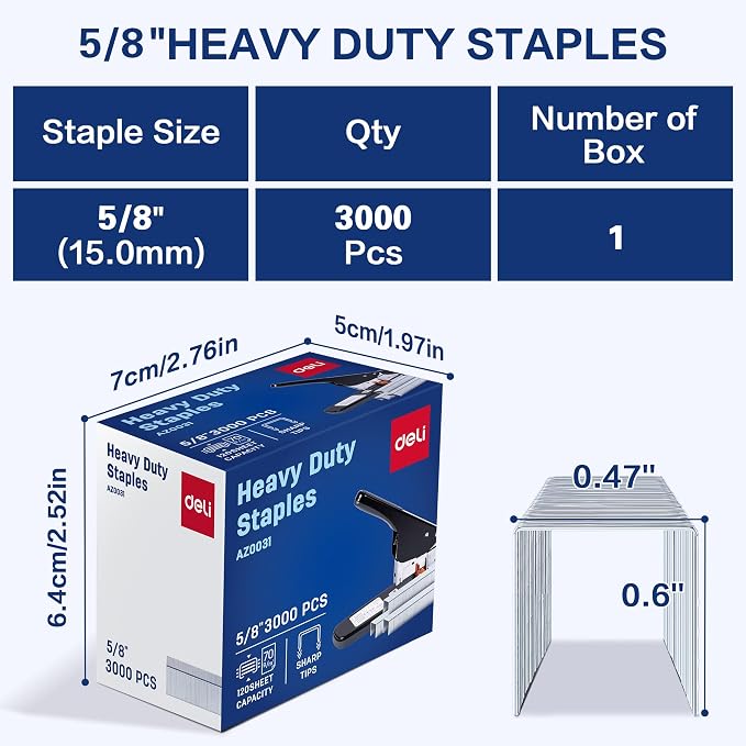Deli Staples, Premium Heavy Duty Staples for Heavy Duty Staplers, 5/8'' Length, 20-120 Sheet Capacity, 100/Strip, 3000/Box