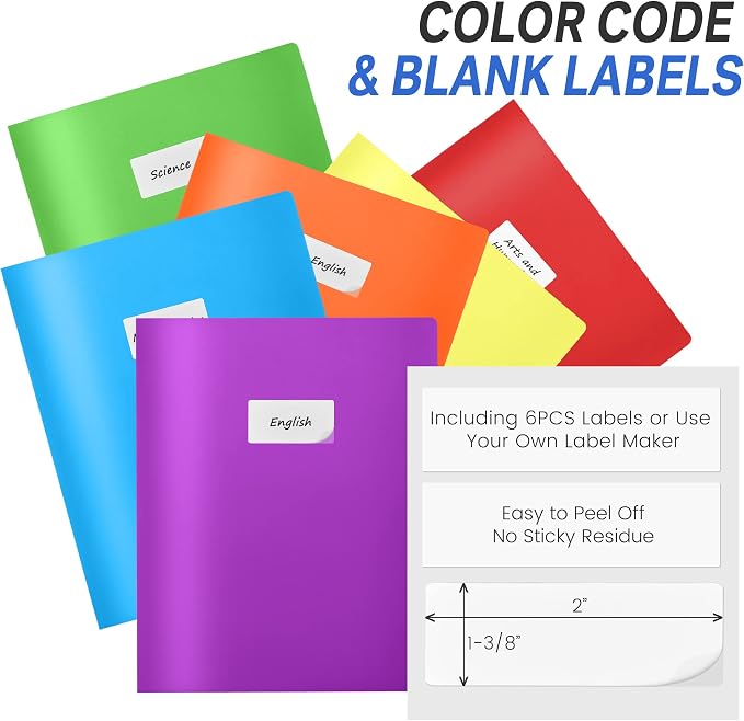 Sooez 3 Pack 2-Pocket Folders with Labels, Heavy Duty Plastic with Business Card Slot, Letter Size Poly File for Documents, Colored School