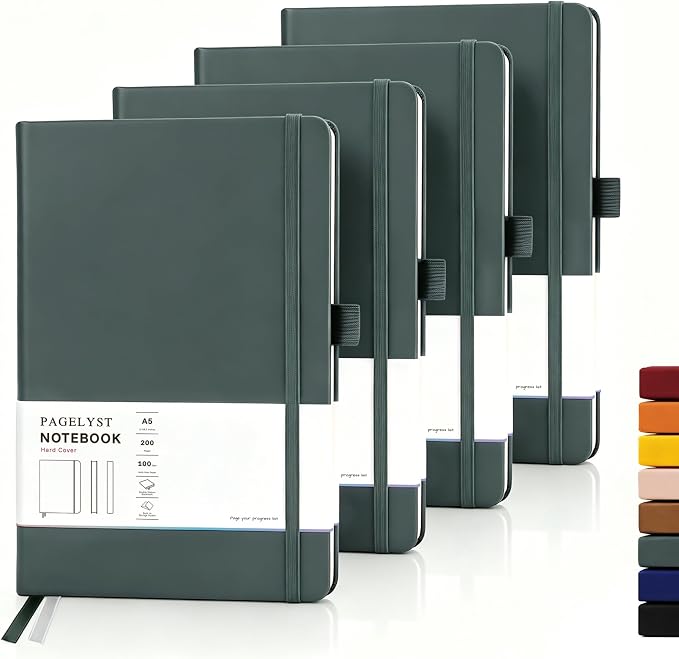 PAGELYST Blank Journal Notebook, 200 Pages,4 Pack Leather Hardcover Notebook, A5 Medium 5.7'' x 8.3'', 100 GSM Thick Paper for Sketching, Drawing, Painting (Dark Green)