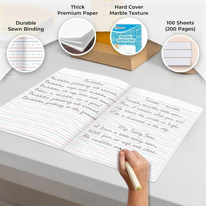 Rosmonde Bulk Primary Ruled Composition Notebooks, 100 Pack, 100 Sheets | Bulk Writing Journals, 200 Pages (100 Sheets), 9-3/4" x 7-1/2", Grades K-2, Hardcover, Bulk Primary Ruled Assorted Marble
