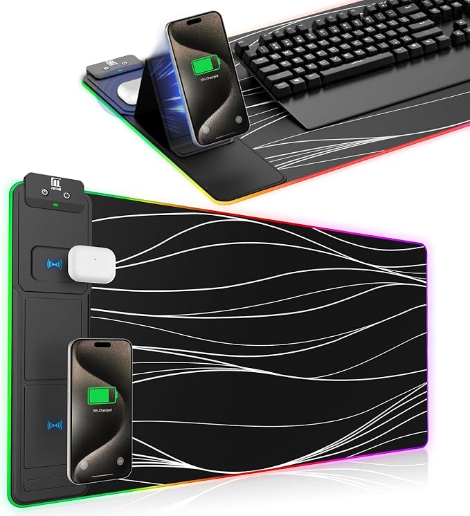XXL Mouse Pad with Phone Holder - Black, RGB Desk Mat with 15W Fast Charging, LED Gaming Mousepad with 11 Light Colors, Waterproof Non-Slip Pad for Office & Home (Wave)