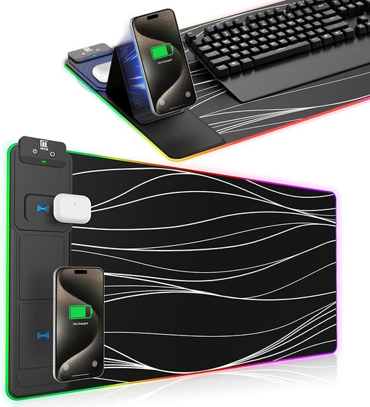 XXL Mouse Pad with Phone Holder - Black, RGB Desk Mat with 15W Fast Charging, LED Gaming Mousepad with 11 Light Colors, Waterproof Non-Slip Pad for Office & Home (Wave)