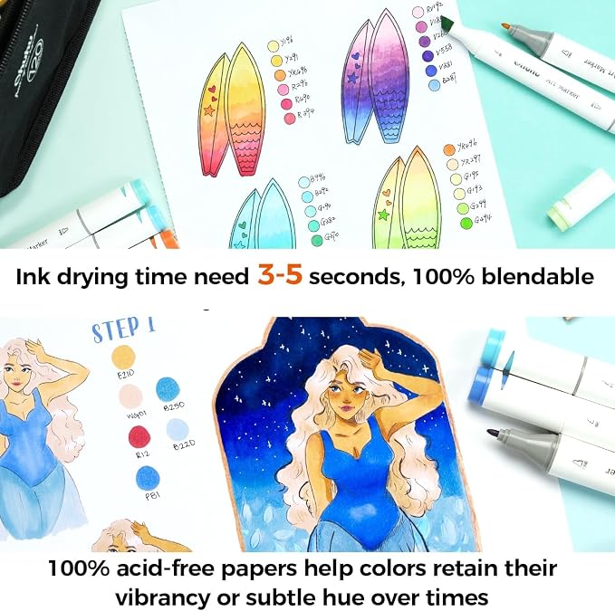 Ohuhu Double-Sided Marker Pad Art Sketchbook Bleedproof - 8.3"x8.3" Square Paper Size - 90 LB/150 GSM Smooth Drawing Paper - 60 Sheets/120 Pages, Spiral Bound Sketching Book for Alcohol Markers