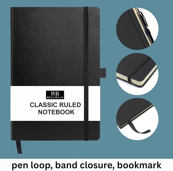 RICCO BELLO Lined Journal Notebook with Pen Holder, Black | Faux Leather Hardcover, College Ruled, 96 Sheets/192 Pages, 5.7 x 8.4 Inches, For Work & Notes