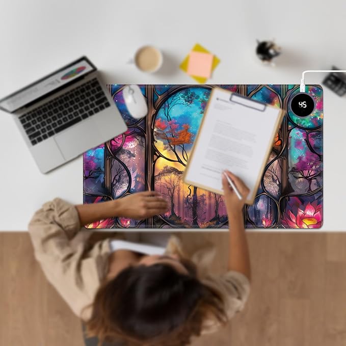 Heated Desk Pad Large Mouse Pad 23.6 x 14.1 inch with 3 Levels Heating & Auto Shut-Off Warm Mouse pad PU Leather Computer Mousepad for Home Office Work - Galaxy Tree Moon