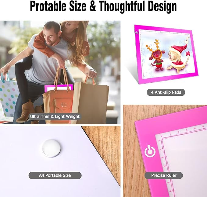 Pink A4 Dimmable LED Artcraft Light Box Tracer Slim Light Pad Portable Tablet, USB Power Cable Copy Drawing Board Tracing Table for Artists Designing, Animation, Sketching, Stenciling X-ray Viewing