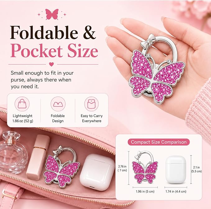 Purse Hook for Table, Foldable Handbag Hanger for Women, Portable Bag Holder with Non-Slip Base, Cute Sequin Purple Butterfly Purse Table Hook for Restaurant Office Travel Gift