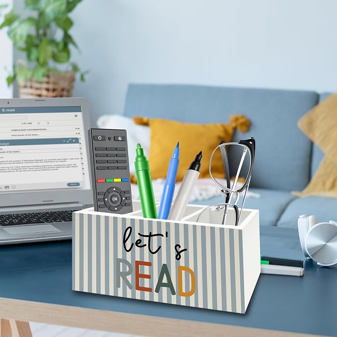 Reading Room Decor Pen Pencil Holder Organizer for Desk, Let's Read Boho Classroom Wooden Box Signs Decorations for Reading Corner Nook Room Library Desk Tabletop, Book Lover Reader Gifts