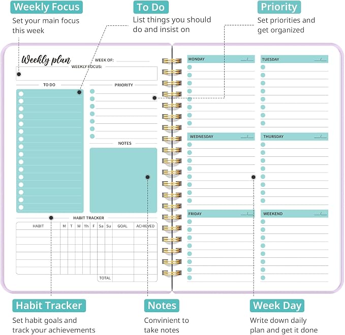 Taja Undated Weekly Planner, Weekly To Do List Notebook with Goal & Habit Tracker Organizer, A5 Weekly Planner Notebook with Spiral Binding, 6.1" x 8.2" - Purple