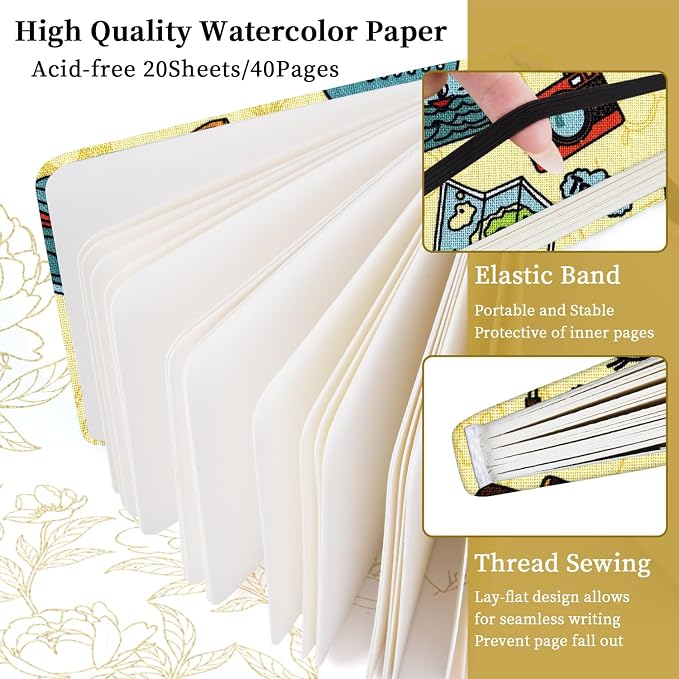 5x5 Handy Portable Handmade Cloth Fabric Hardcover Sewing Binding Travel Watercolor Paper 140LB/300gsm 20Sheets/40Pages Journal Mixed Media Pad Sketchbook. Travel