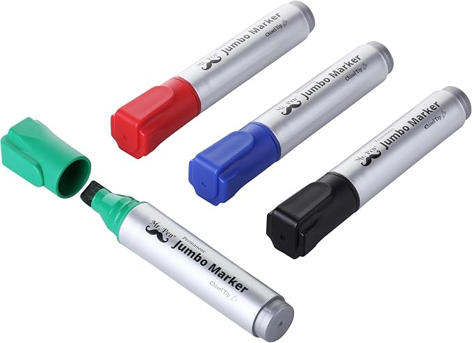 Mr. Pen- Jumbo Permanent Markers, 4 Pack, Assorted Color, Chisel Tip | Wide Tip, Large, Thick Permanent Markers for Canvas, Posters Board, Fabric, Window, Glass, Wood, Waterproof, Quick Dry