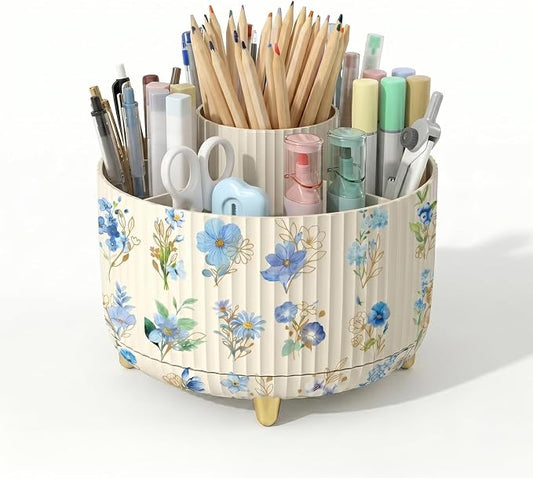 Soboto 360 Rotating Desk Organizer with DIY Floral Stickers, Compartment Floral Office Supplies Storage, Space-Saving Plastic Caddy for Home Office Cosmetics Pen Holder