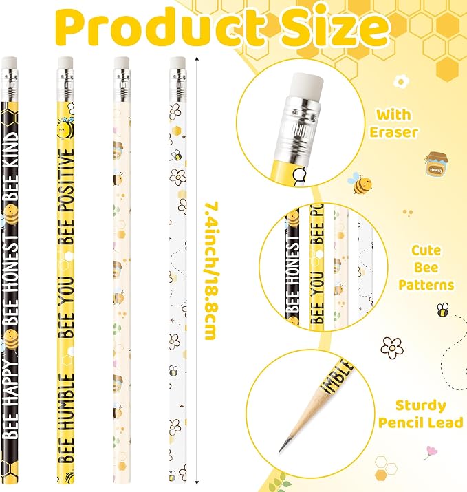 Xqumoi 60Pcs Bee Pencils with Erasers - Cute Honeybee Themed #2 HB Wooden Pencils in Bulk Birthday Party Favors Classroom Student Rewards Goodie Bag Fillers Stuffers Summer Back to School Gift