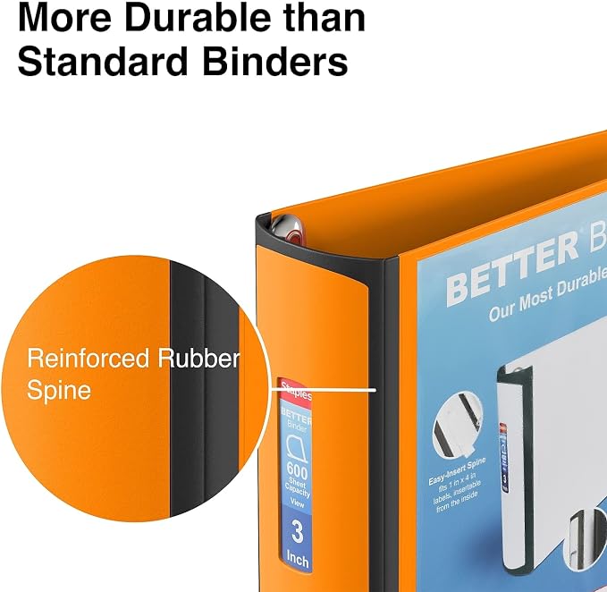 Staples Better Binder 3 Inch 3-Ring Binder, Orange, Wide Spine View Binder with Locking Rings, Durable Office Binder, 2 Pack