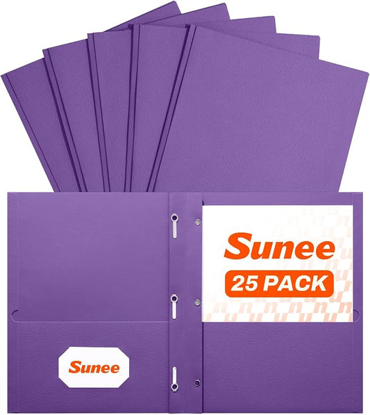 SUNEE 2 Pocket Folders with Prongs (25 Pack, Purple), Paper Folders with 2 Pockets and 3 Prongs Fit Letter Size Paper, Folders with Prongs for School Office Home Business