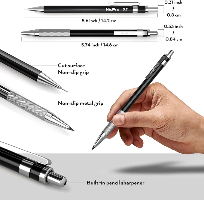 Nicpro 29PCS Black Metal Mechanical Pencil Set in Leather Case, 0.3, 0.5, 0.7, 0.9 & 2mm Lead Pencil Holder, (6B 4B 2B HB 2H 4H) Lead Refills (Black & Colors), Eraser For Art Drafting Sketching