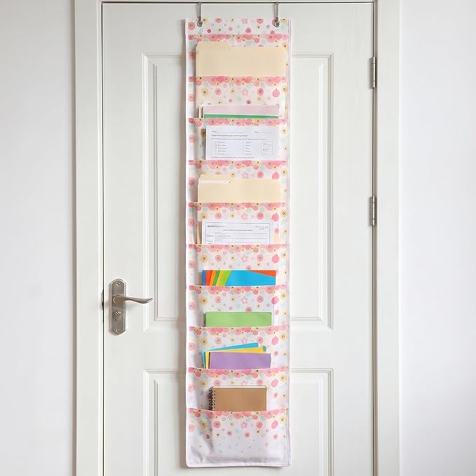 MotiMind 10 Wildflower Pockets Wall Hanging File Folders File Storage Pocket Chart for Classroom Hanging Wall Organizer with 2 Over The Door Hangers, 58" x 14" for School Classroom Office Home
