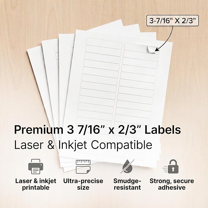3 7/16" X 2/3" Matte White Printable Labels (30 Sheets, 900 Stickers) File Folder, Address, Mailing Labels for Laser & Inkjet Printers - Spartan Industrial Template R012