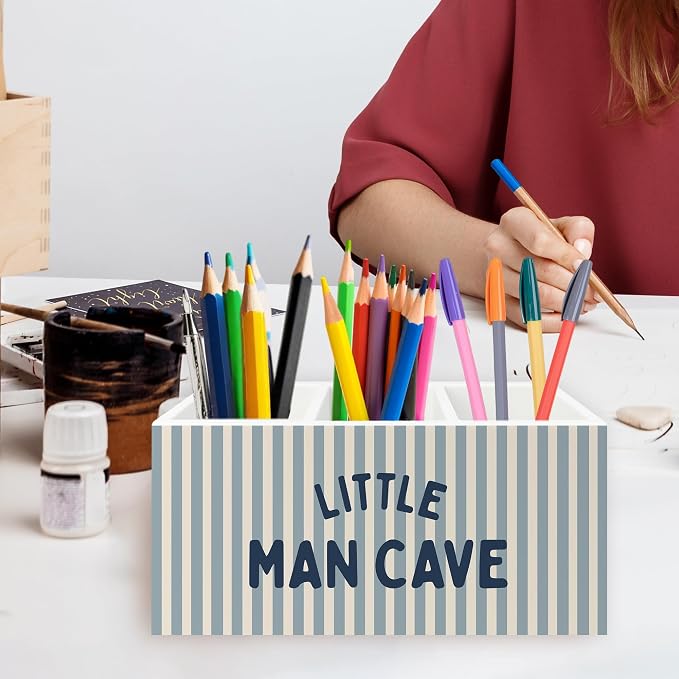 Boy Room Decor Pen Pencil Holder Organizer for Desk, Little Man Cave Retro Blue Striped Wooden Box Signs Decorations for Kids Boys Room Bedroom Playroom Desk Tabletop, Boy Nursery Decor