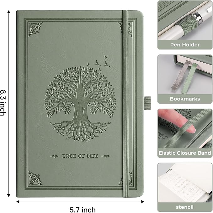 AHGXG Dotted Journal Notebook, 192 Pages, A5 Medium Size (5.7'' x 8.3'') | Leather Hardcover, 100 GSM Thick Paper, for Journaling, Planning, Tracking (Light Green)
