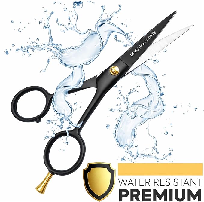 Beauty & Crafts 5” Professional Beard & Mustache Scissors for Men | German Stainless Steel Beard Trimming Shears with 2 Mustache Combs & Premium Pouch for All Facial Hair (Black)