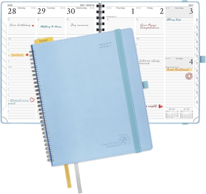 POPRUN 2027 Planner, 8.5'' x 10.5'', Weekly and Monthly Daily Calendar Book | 2027 Agenda(Jan - Dec) Appointment Book with Hourly Time Slots, Monthly Tabs, 100GSM, Spiral Leather Cover - Blue