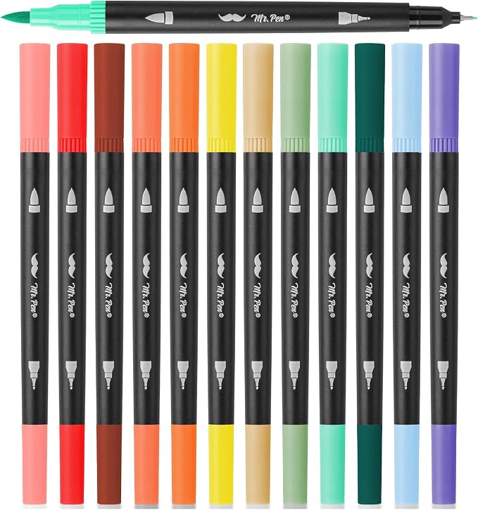 Mr. Pen- Dual Tip Brush Pens, 12 pcs, Assorted Color | Fine & Brush Tip Markers for Adult Coloring Markers for Adults