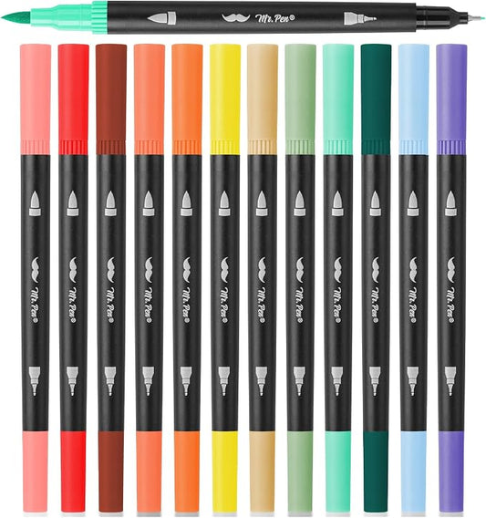 Mr. Pen- Dual Tip Brush Pens, 12 pcs, Assorted Color | Fine & Brush Tip Markers for Adult Coloring Markers for Adults