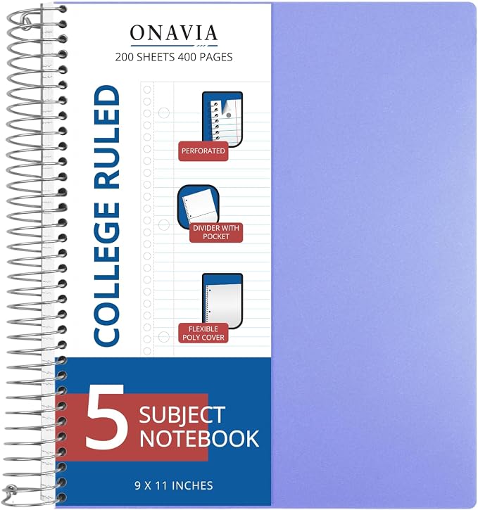 ONAVIA 5 Subject Spiral Notebook College Ruled, 400 Pages, Cornflower | 200 Sheets, 9 x 11 in, 6 Pack Waterproof Plastic Cover, Durable, School Notebooks, Classroom, Teachers