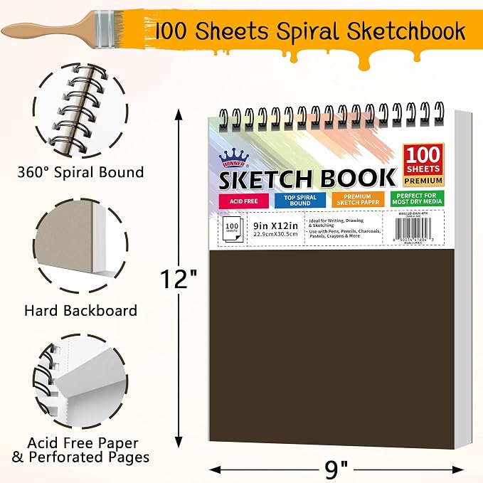 WINNER 9" x 12" Sketch Book 4 Pack, 400 Sheets Spiral Bound Art Sketchbook, 68lb/100gsm White Acid Free Drawing Pad, Sketching Drawing Writing Sketch Pad for Kids, Adults & Artists, Art Supplies