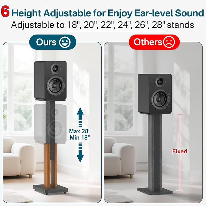 Height Adjustable Speaker Stands Pair with Most Satellite, Studio, Bookshelf Speakers - Wood Grain Floor Speaker Stands for Klipsch, Edifier, JBL Bookshelf Speaker Stands Holds 50Lbs with Cable Clips