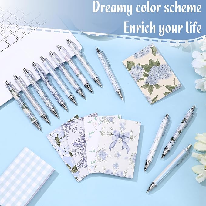 Motiskyy 24 Pcs Hydrangea Blue and White Floral Journal Pens Pastel Floral Patterns Ballpoint Pens Grandmillennial Aesthetic Notepads Set Line Notebook for Employee Gift Student School Office Supplies