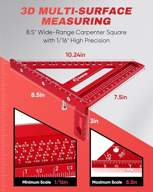 Saker 8.5Inch 3D Multi-Angle Measuring Square Ruler, Aluminum Alloy Carpenter Square,Precision Hole Scribing Ruler with Angle Pin for Woodworking, Engineering, and Construction Projects
