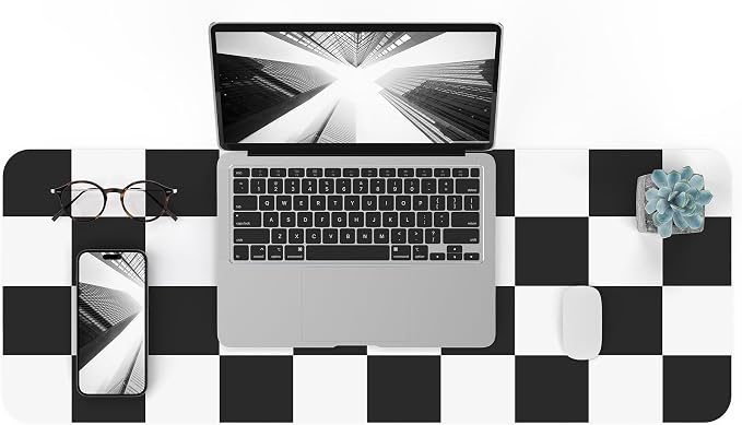 Non-Slip Checkered Desk Mat, 31.5"x12", White Black | Waterproof PU Leather, Large Blotter, Easy Clean, For Work/Home/Decor