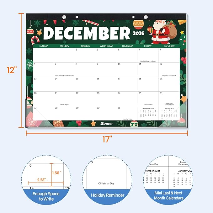 SUNEE Desk Calendar 2027 - 17" x 12" Desk Pad Calendar, 18-Month Monthly Planner Oct. 2026 - Mar. 2028, Desktop Calendar with 308 Planner Stickers, Plastic Protective Corners for Office, School and Home, Seasons Color