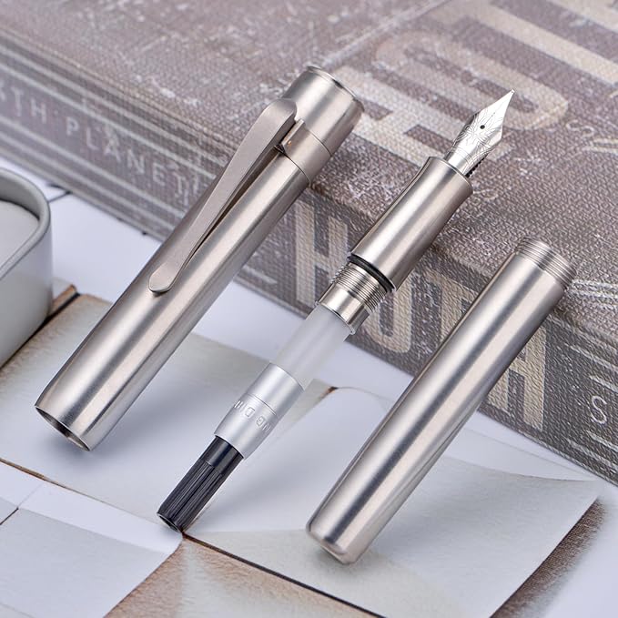 HONG DIAN M2 Titanium Mini Fountain Pen, Long Blade Nib & Sleek Shape Metal Short Pocket Travel Pen (Titanium Gray)