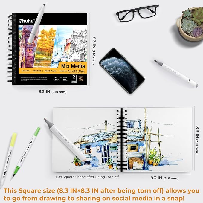 Ohuhu Mix Media Pad, 8.3" x 8.3" Mixed Media Art Sketchbook, 120 LB/200 GSM Heavyweight Papers, 62 Sheets/124 Pages, Spiral Bound Mix Media Paper Pad for Acrylic, Painting, Christmas Gift