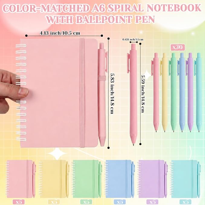 Fulmoon 30 Set Small Spiral Notebooks A6 with Pens Bulk, Multicolor 4" x 6" Pocket Notebooks Mini Lined Journals 50 Sheets for Back to School Supplies Students Rewards Office Gifts (Dream Pastels)