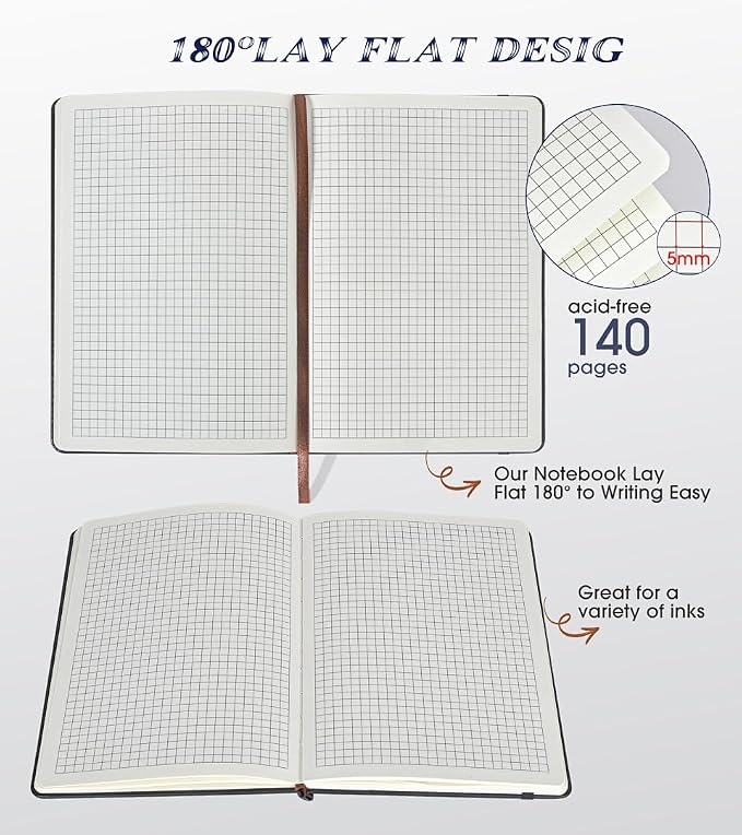 Biuwory A5 Hardcover Graph Paper Notebook, Grid Leather Journal for Writing | 140 Quad Ruled Grid Pages Vintage Diary, 5.7"×8.3" Travel Notebook for Work, School, Women & Men