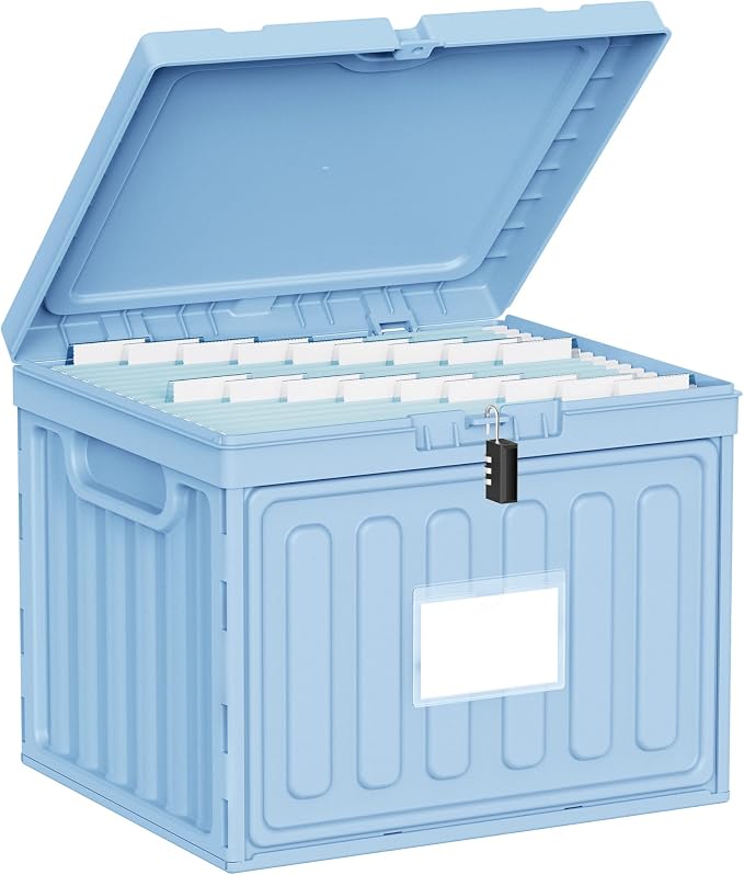 Oterri Lockable Plastic File Box with Lid for Letter-Size | Hanging File Folders Not Included. Blue, Large 1-Pack. Home, Office, Classroom, Dorm, Tax, Under Bed, Filing Cabinet.